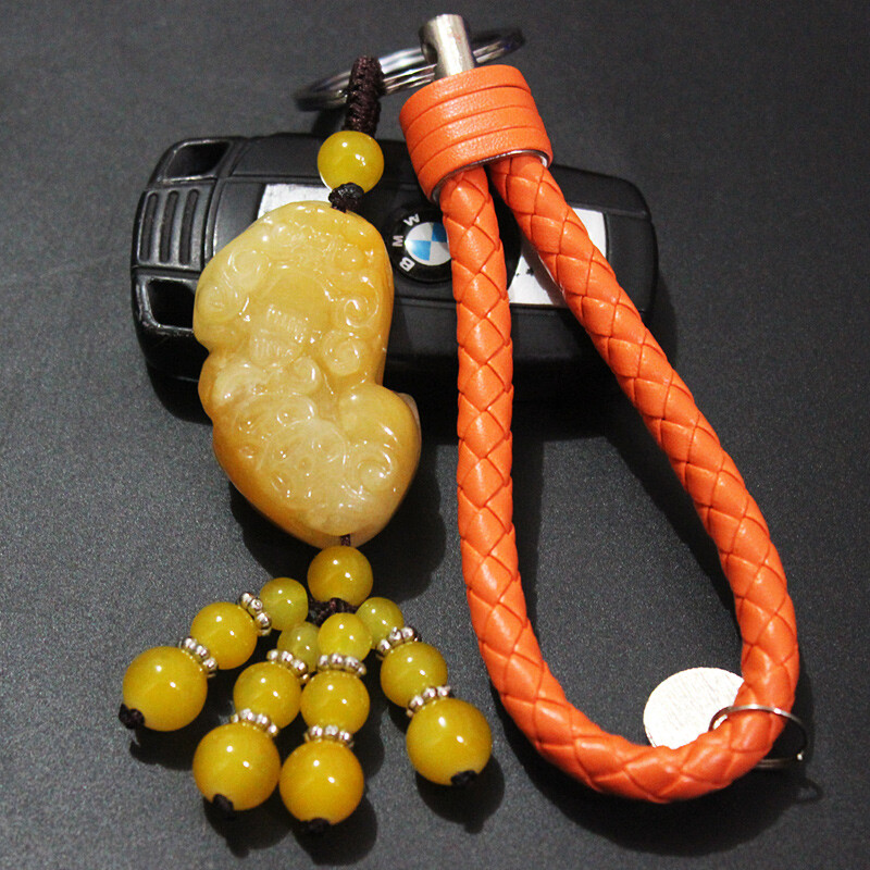 點(diǎn)繽 大眾高檔瑪瑙玉貔貅汽車鑰匙扣掛件創(chuàng)意男女士腰掛新帕薩特邁騰朗逸凌度途觀桑塔納速騰寶來(lái) 黃玉石霸王貔貅+皮革編織繩